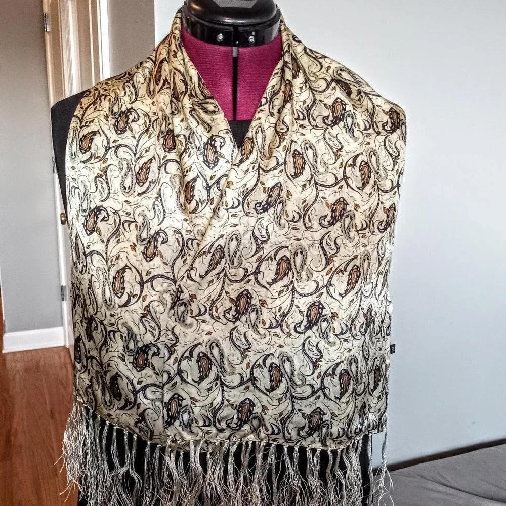 Chinese Paisley Print Silk Oblong Fringed Scarf